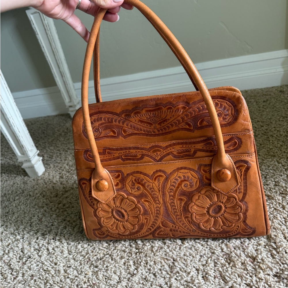 Handcrafted Tooled Floral Leather Tote - Tan